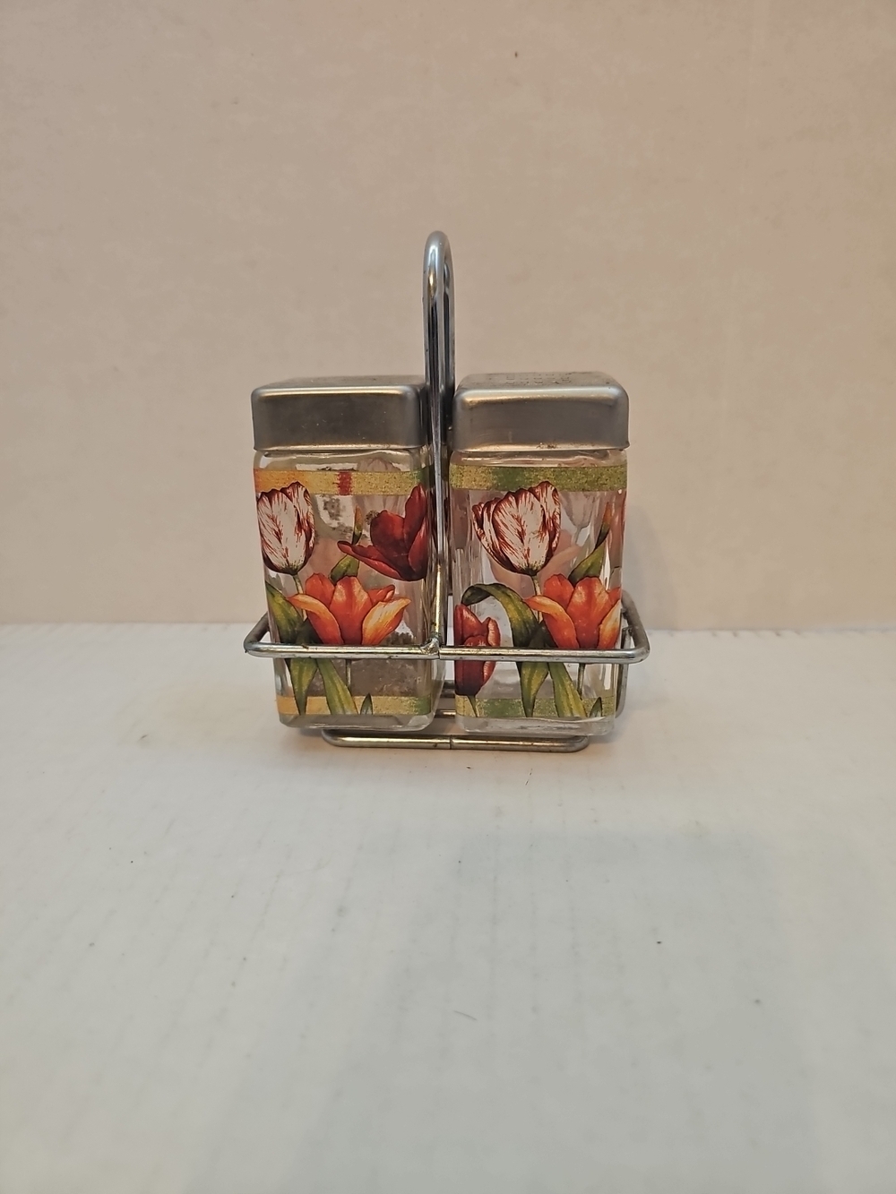 Floral Tulip Salt and Pepper Shaker Set with Chrome Carrier